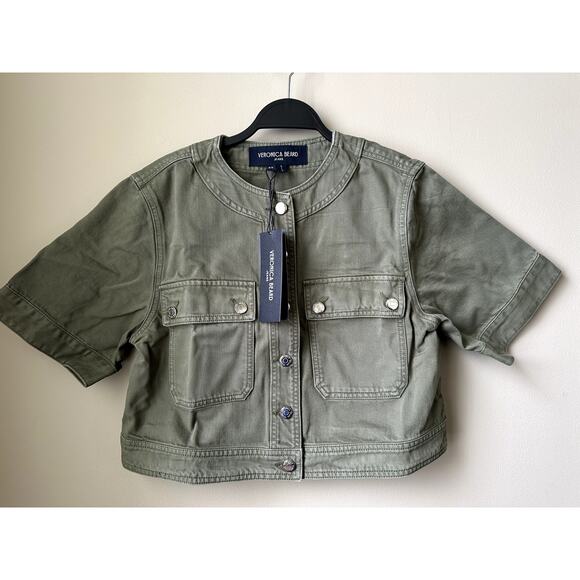 $428 Veronica Beard Elias Green Cotton Jacket Womens Size M Short Sleeve New - Picture 10 of 11